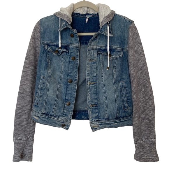 Free People Knit Hooded Distressed Denim Jacket, Size Small - Picture 2 of 13